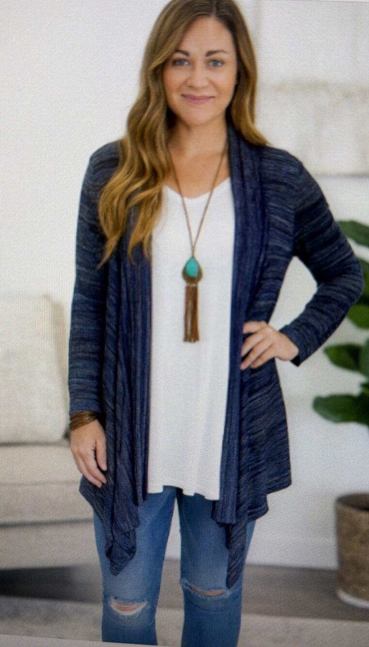 Chico's 2 women's Large blue metallic silver knit cardigan sweater drape
